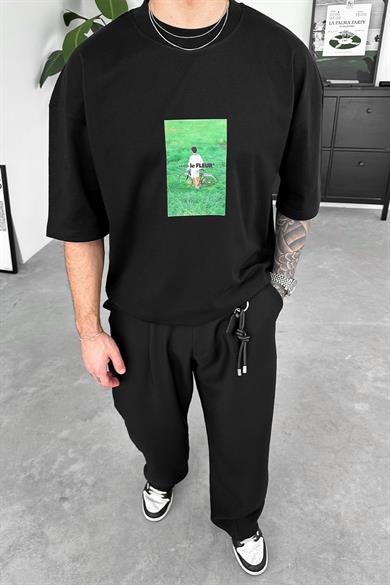 Siyah Fleur Baskılı Oversize Tişört