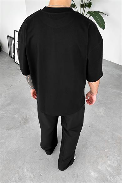 Siyah Fleur Baskılı Oversize Tişört