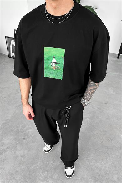 Siyah Fleur Baskılı Oversize Tişört