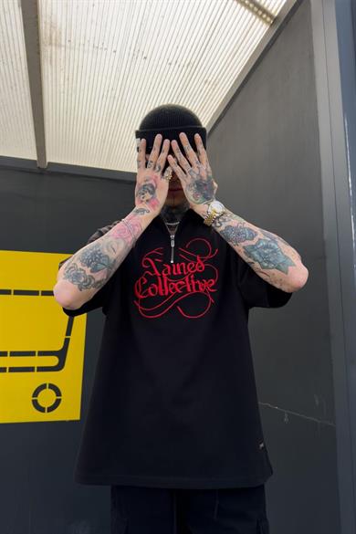 Siyah Fns Collective Nakış Detay Yarım Fermuar ML Premium Polo Yaka Oversize Tişört