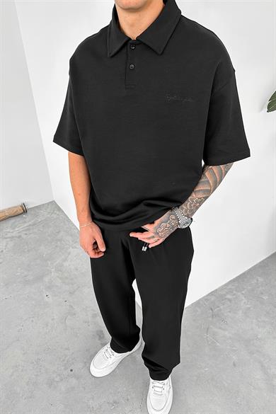 Siyah Forget Nakış Detay Oversize Polo Yaka Tişört