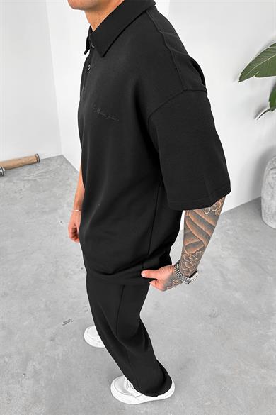 Siyah Forget Nakış Detay Oversize Polo Yaka Tişört