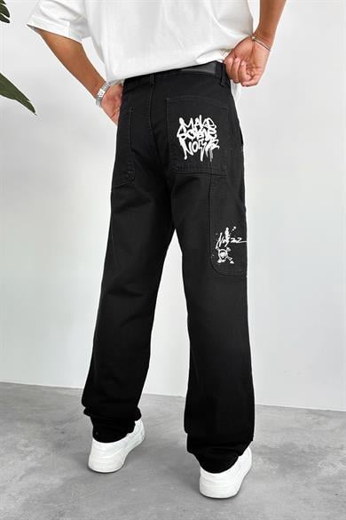 Siyah Graffiti Baskı Detay Baggy Pantolon