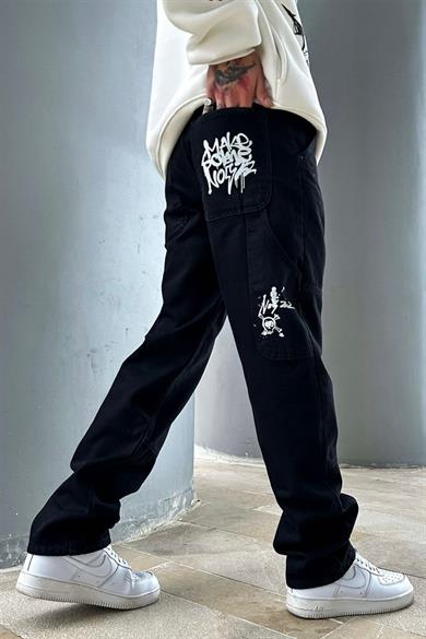 Siyah Graffiti Dikiş Detay Baggy Pantolon