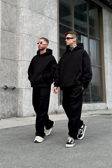 Siyah HAFKA PREMİUM 3 İplik Şardonlu Oversize Sweatshirt