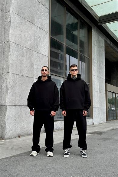 Siyah HAFKA PREMİUM 3 İplik Şardonlu Oversize Sweatshirt