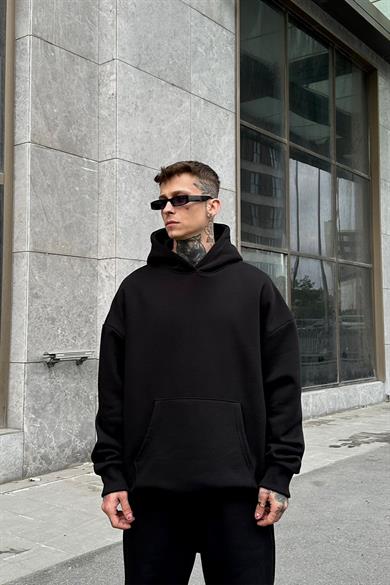 Siyah HAFKA PREMİUM 3 İplik Şardonlu Oversize Sweatshirt