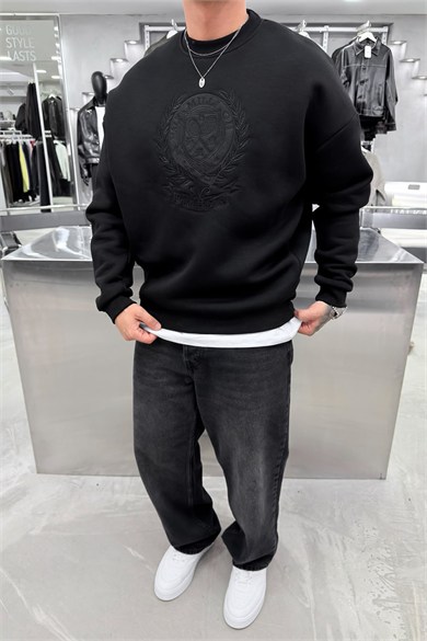 Siyah Half Nakışlı Oversize Sweatshirt