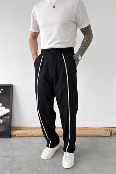 Siyah Hasır Detay Baggy Keten Pantolon