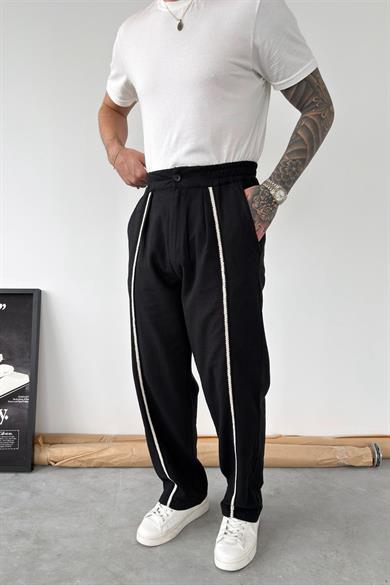Siyah Hasır Detay Baggy Keten Pantolon