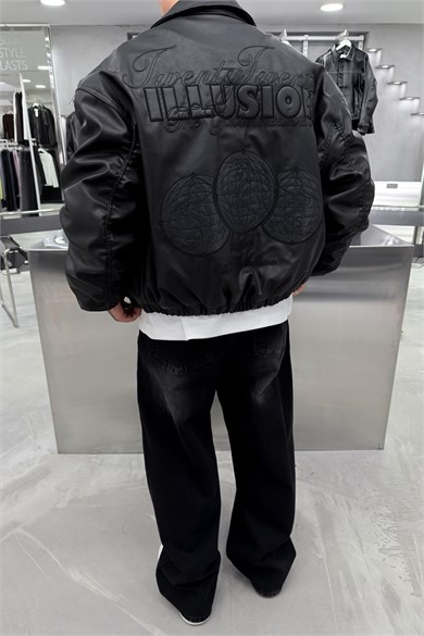 Siyah Illusıon Nakışlı Oversize Deri Mont