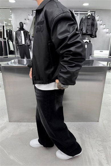 Siyah Illusıon Nakışlı Oversize Deri Mont