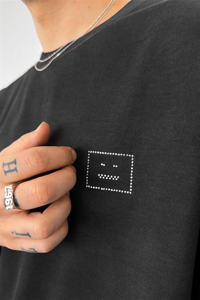 Siyah İşleme Detaylı Batik Yıkama Oversize Tişört
