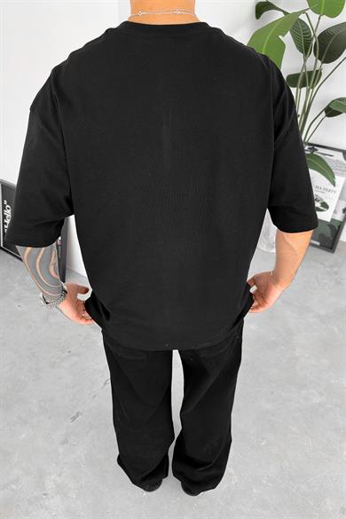 Siyah İtaly Nakış Detay Oversize Tişört