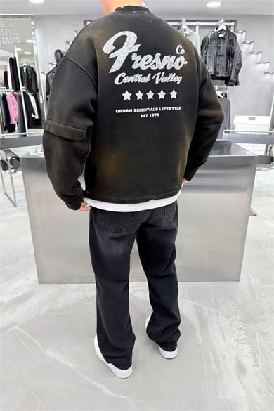 Siyah Kabartma Detaylı Yıkamalı Boxy Kalıp Sweatshirt