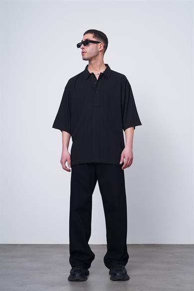 Siyah Kahverengi Dokuma Detay CH Oversize Polo Yaka