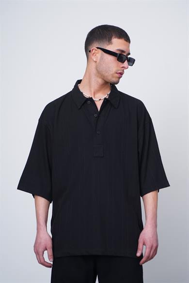 Siyah Kahverengi Dokuma Detay CH Oversize Polo Yaka
