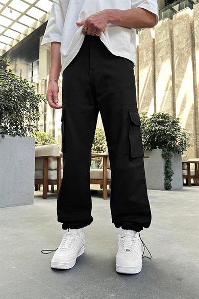 Siyah Kargo Cepli 9P DL Paçası Ayarlanabilir Baggy Pantolon