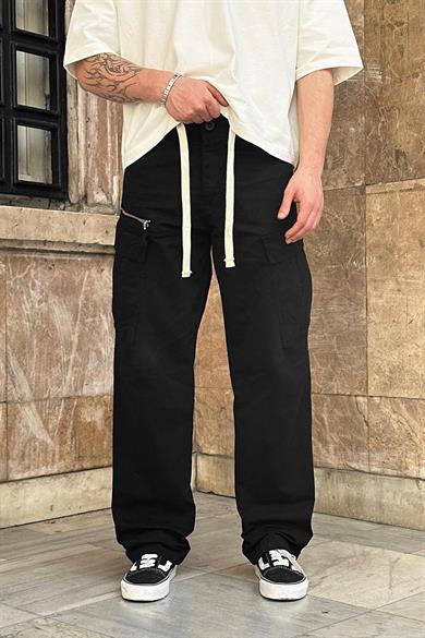 Siyah Kargo Cepli Tek Fermuarlı Beli İpli CH Baggy Pantolon