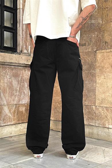 Siyah Kargo Cepli Tek Fermuarlı Beli İpli CH Baggy Pantolon