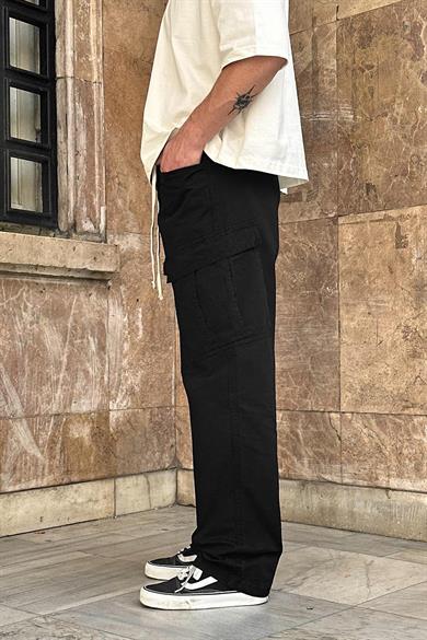 Siyah Kargo Cepli Tek Fermuarlı Beli İpli CH Baggy Pantolon