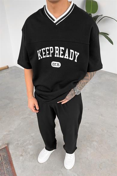 Siyah Keep Ready V Yaka Detay Oversize Tişört