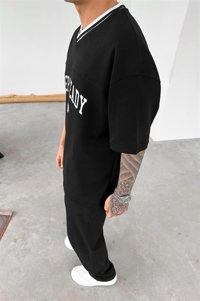 Siyah Keep Ready V Yaka Detay Oversize Tişört