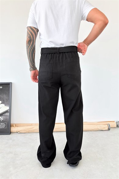 Siyah Kemer Detaylı Baggy Keten Pantolon