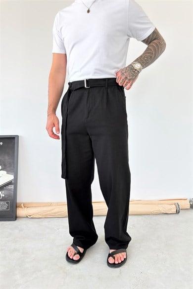 Siyah Kemer Detaylı Baggy Keten Pantolon
