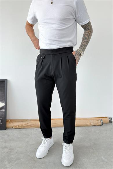 Siyah Kemer Detaylı Regular Fit Kumaş Pantolon
