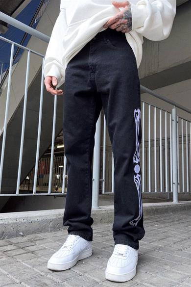 Siyah Kemik Nakış Detay Siyah Baggy Pantolon