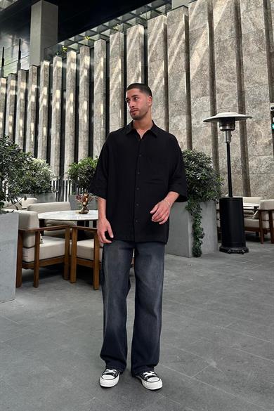 Siyah Keten Ön Cep Detay L7 BS Oversize Gömlek