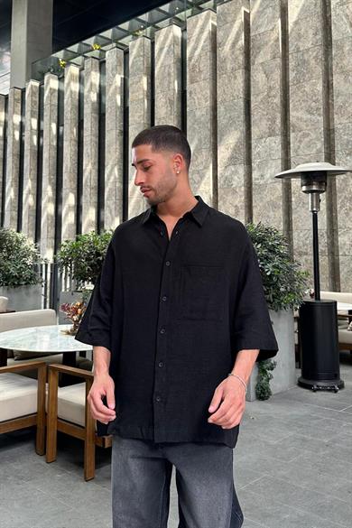 Siyah Keten Ön Cep Detay L7 BS Oversize Gömlek