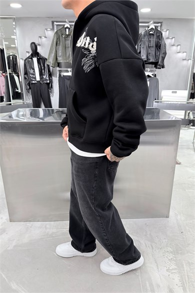 Siyah Khet Nakışlı Tam Fermuarlı Oversize Sweatshirt