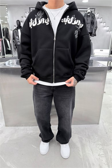 Siyah Khet Nakışlı Tam Fermuarlı Oversize Sweatshirt