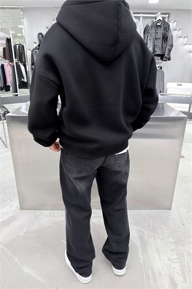 Siyah Khet Nakışlı Tam Fermuarlı Oversize Sweatshirt