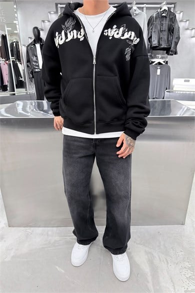 Siyah Khet Nakışlı Tam Fermuarlı Oversize Sweatshirt