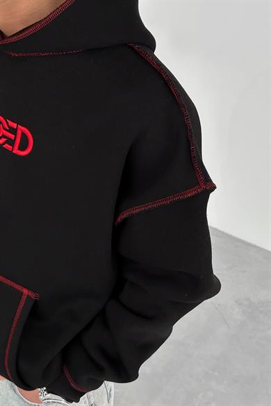 Siyah Kırmızı Ters Dikiş Closed HAFKA PREMİUM 3 İplik Şardonlu Oversize Sweatshirt
