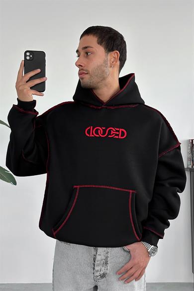 Siyah Kırmızı Ters Dikiş Closed HAFKA PREMİUM 3 İplik Şardonlu Oversize Sweatshirt
