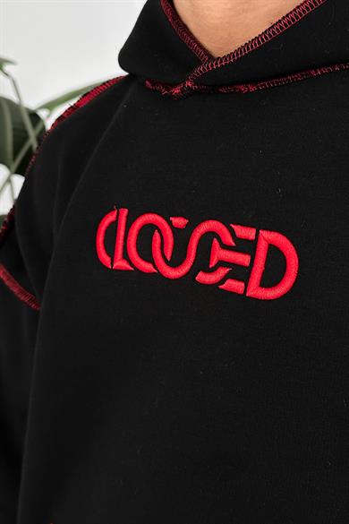 Siyah Kırmızı Ters Dikiş Closed HAFKA PREMİUM 3 İplik Şardonlu Oversize Sweatshirt