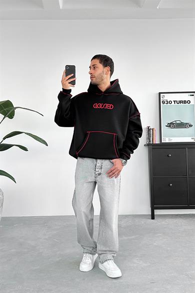 Siyah Kırmızı Ters Dikiş Closed HAFKA PREMİUM 3 İplik Şardonlu Oversize Sweatshirt
