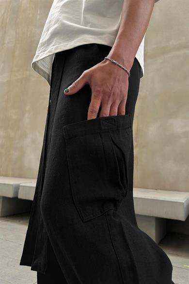 Siyah Kuşak Detaylı Kargo Cepli R4 GO Keten Baggy Pantolon
