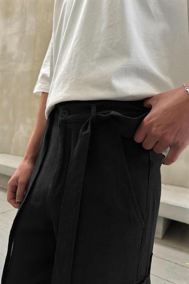 Siyah Kuşak Detaylı Kargo Cepli R4 GO Keten Baggy Pantolon