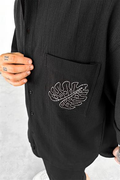 Siyah Leaf Nakış Detay Oversize Keten Gömlek