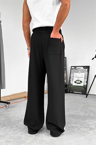 Siyah Likralı Fitilli Baggy Pantolon
