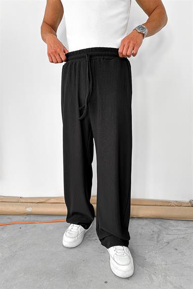 Siyah Likralı Fitilli Baggy Pantolon