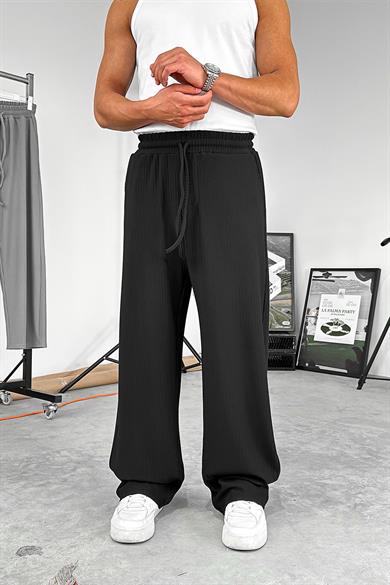Siyah Likralı Fitilli Baggy Pantolon