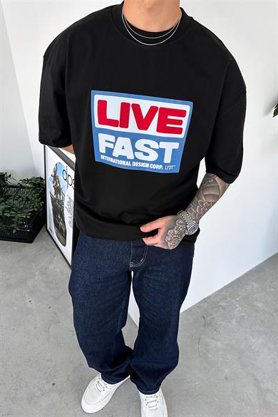 Siyah Live Baskılı Oversize Tişört
