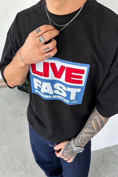 Siyah Live Baskılı Oversize Tişört