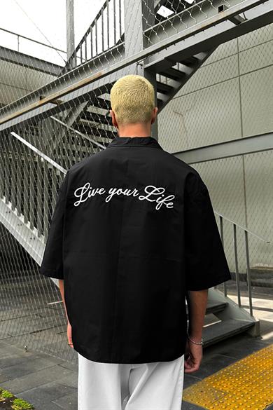 Siyah Live Your Life Nakış Detay EE Oversize Gömlek